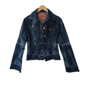 Guess denim jacket undone raw hem flared sleeve dark wash sz S